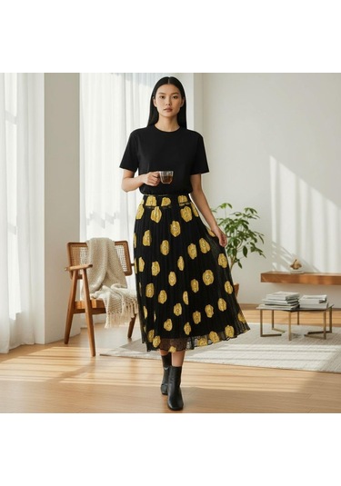 Şifon Beli Lastikli Etek 95 Cm - 38-50 Sarı