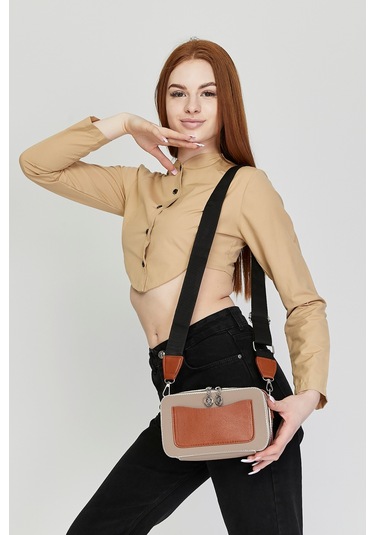 Morpelikan Vizon Kabartma İki Bölmeli Kadın Omuz Çantası Vizon