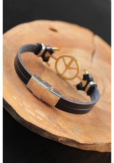 Gold Renk Barış Figürlü Metal Aksesuarlı Siyah Renk Deri Erkek Bi Çok Renkli