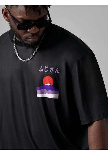 Erkek Siyah Oversize Dağ Baskılı T-shirt Siyah-68486