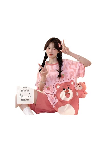 Snapbuy Göğüs Yastığı İle Şişme Önleyici Pijama Kadın Yaz Gülen Kore Kısa Kollu Şort Sevimli Öğrenci İnce Ev Giyim Seti 6011 Mutlu Ayı Göğüs Yastığı İle