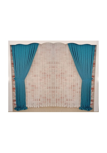 Koyu Turkuaz Renk Fon Kadife Perde Çift Kanat 1/3 Sık Pileli Dikim V-23 Turkuaz - Lacivert