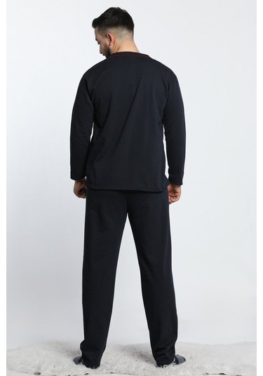Lukitus Uzun Kollu Önden Düğmeli Erkek Pijama Takımı Lacivert Siyah