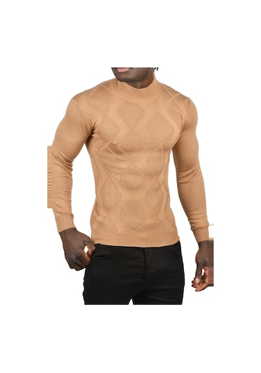 Deepsea Erkek Camel Deepsea Baklava Desenli Slim Fit Yarım Balıkçı Yaka Triko Boğazlı Kazak 2505511 Camel