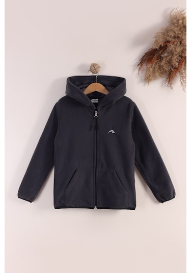 Monox Lastik Manşetli Fermuarlı Kapüşonlu Çocuk Unisex Polar Ceket Füme