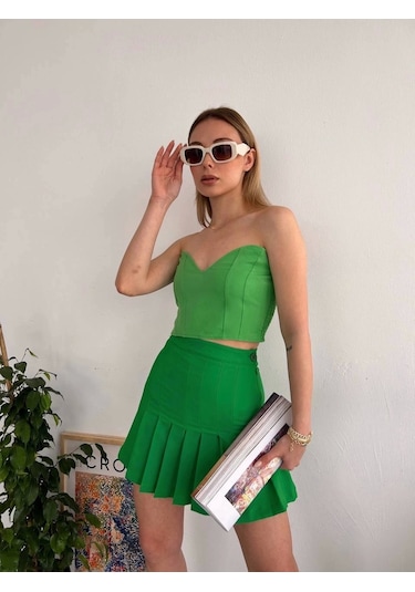 Pileli Düğmeli Etek Açık Yeşil S24811 Yeşil