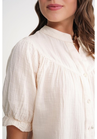 4725 Kadın Büzgü Robalı Kolu Fırfırlı Müslin Gömlek Naturel Naturel