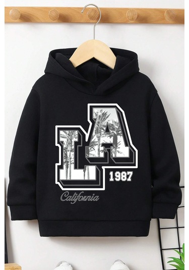 Los Angles Baskılı Erkek - Kız Çocuk Rahat Kalıp Sweatshirt Siyah