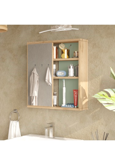 Aqua Aynalı Lavabo Üstü Banyo Dolabı Raf Sepet-ıhlamur Yeşili Kahverengi