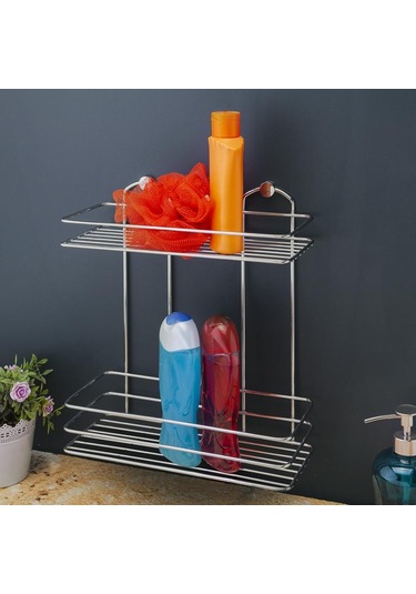 Banyo Köşe Rafı 2 Katlı Şampuanlık Paslanmaz Gümüş