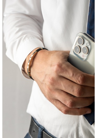 14 Ayar Altın Haç İşaretli Siyah Kauçuk Erkek Bileklik Siyah