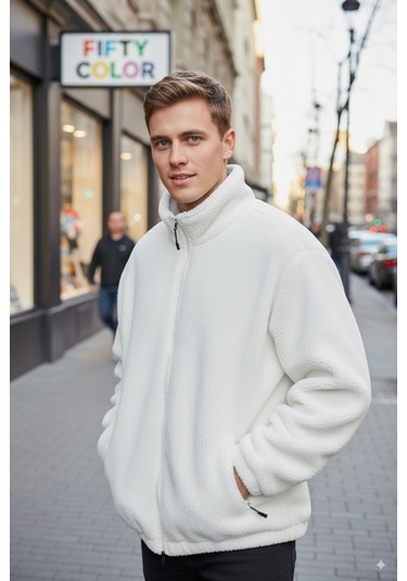 Beyaz Premium Kalite Dik Yaka, Fermuarlı, Polarlı, Peluş Ceket Beyaz