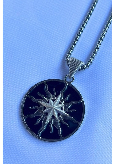 Pusula Güneş Tanrısı El İşçiliği Paslanmaz Çelik Zincir Erkek Kolye Gümüş