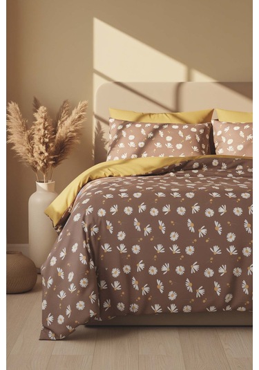 Rivaİstanbul Kahve Papatya Çift Kişilik Nevresim Takımı Pamuklu Kahve - Krem