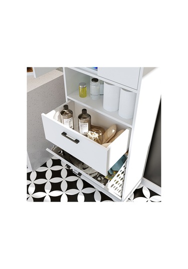 Çamaşır Sepetli Banyo Dolabı, Çok Amaçlı Çekmeceli Dolap 60 X 200 Mat Beyaz