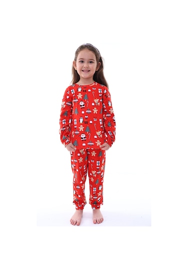 Zuzunga Yılbaşı Temalı Baston Şeker Desenli %100 Pamuk Unisex Pijama Takımı Kırmızı