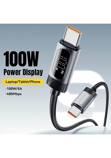 Essager 1m Usb C - Usb C Kablosu 100w Dijital Ekran Hızlı Şarj Veri Senkronizasyon Kablosu