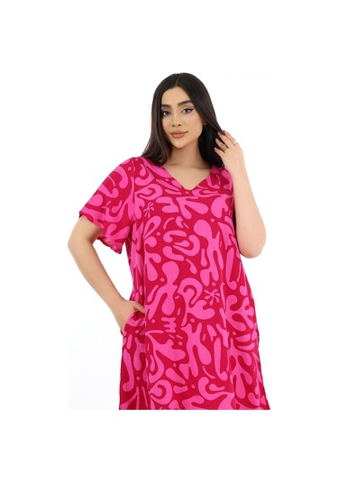 Schık Kadın Viskon Yarım Kol V Yaka Cepli Fırfırlı Elbise Fuşya Fuşya