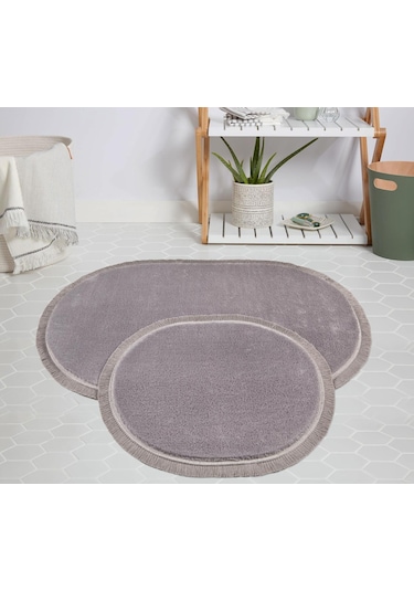 My Evilla Modern Dekoratif Halı Jel Kaymaz Taban Peluş Gri Saçaklı Oval Paspas Takımı 50x80 Çok Renkli
