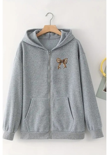 Unisex Gri Kapüşonlu Fermuarlı Hırka Minimal Leopar Kurdela Baskılı, Şardonlu Kalın Kumaş Gri