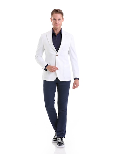 Hatemoğlu Beyaz Comfort Fit Düz Mono Yaka Casual Keten Ceket Beyaz