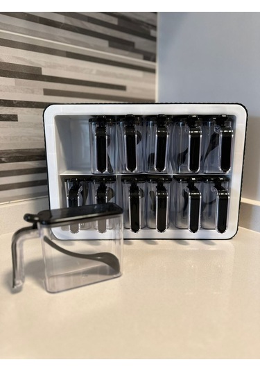 12'li Baharatlık Takımı Standlı Kendinden Yapışkanlı Kaşıklı Ve Kapaklı Baharatlık Seti Antrasit