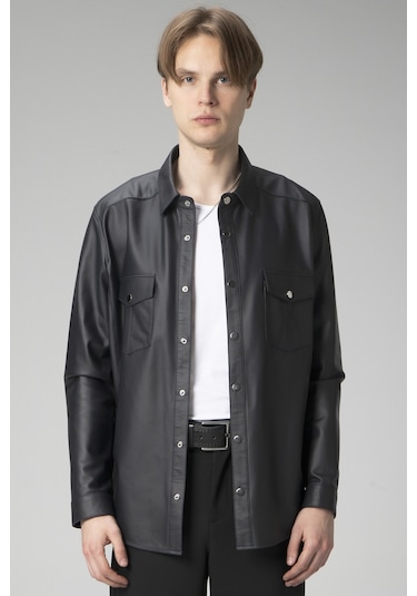 Lacivert Dericlub Wm201 Tafta Erkek Gerçek Deri Gömlek Lacivert