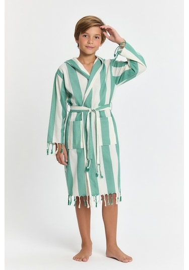 Çocuk Striped Peştamal Bornoz %100 Pamuk Unisex Yeşil