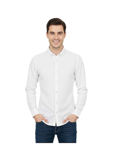 Rasstmen Erkek Spor Slim Fit Uzun Kol Petek Dokulu Gömlek Bgl-st04823 Beyaz