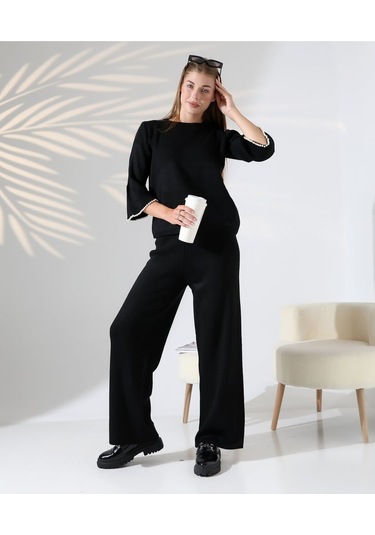 İnci Volanlı Kol Detaylı Triko Takım Siyah