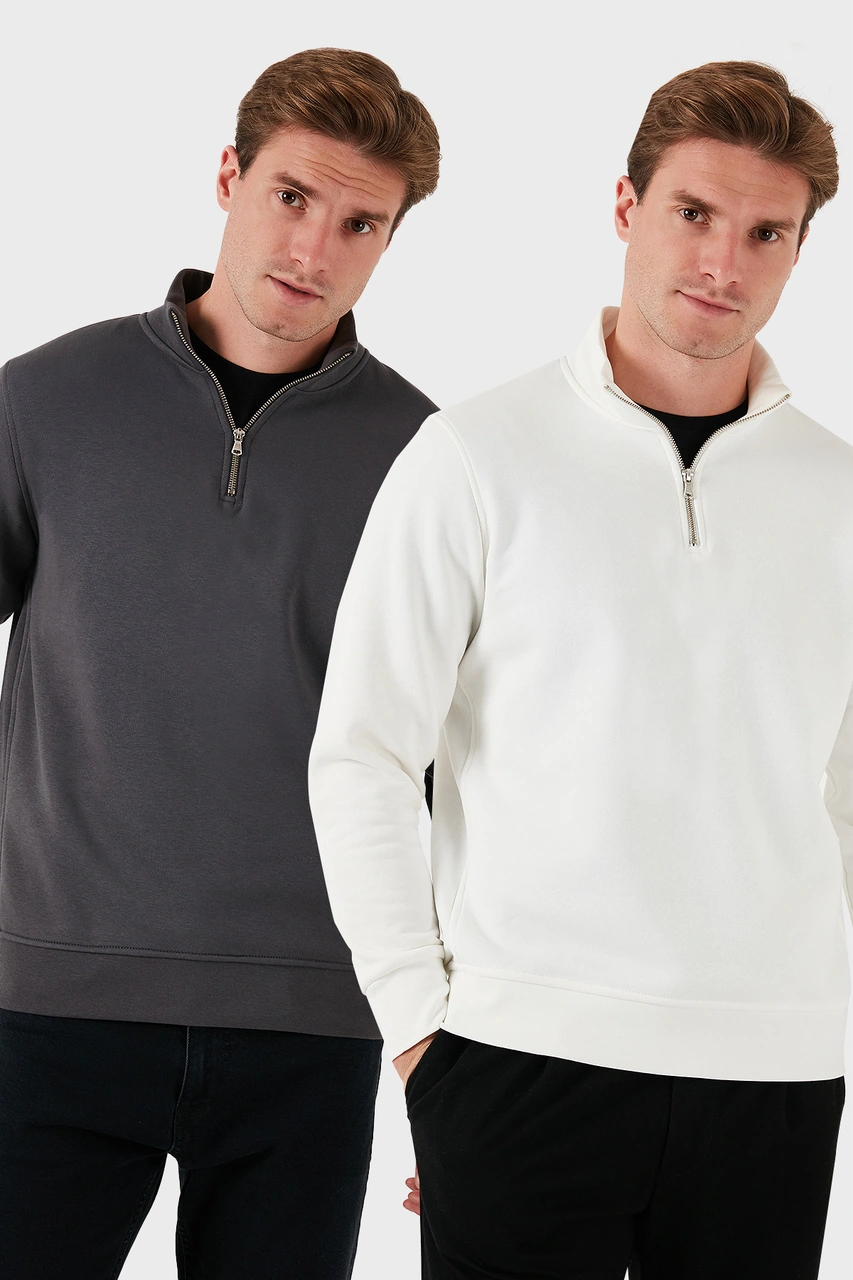 Buratti Pamuklu Regular Fit Dik Yaka 2'Li Paket Erkek Sweat 59052592S2 Ekru-Antrasit