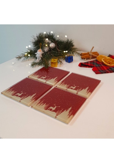 Decorita Cam Bardak Altlığı Yeni Yıl Kırmızı Slüet 4'lü Takım Kırmızı