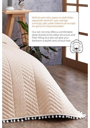 Evlen Home Ponponlu %100 Pamuk Tek Kişilik Günlük Yatak Örtüsü Pike Takımı Seti Bej