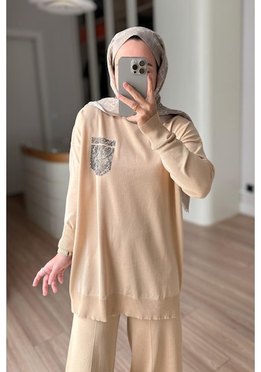 Ka Hijab Taşlı Cep Merserize Takım - Sütlü Kahve