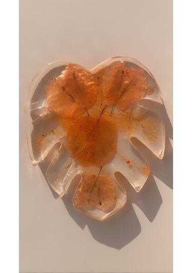 Turuncu Renk Begonvil Süslü Yaprak Desen Epoksi Bardak Altlığı Şeffaf