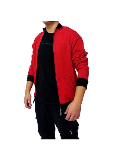 Erkek Sweatshirt Kırmızı Kırçıl Desen Kırmızı