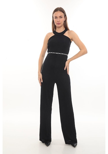 Hanife Glam Couture Hanife Glam Simli Kemerli Halter Yaka Tulum Siyah