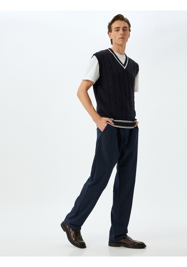 Koton Triko Süveter V Yaka Dokulu Kolsuz Pamuk Karışımlı Lacivert 5wam70139ht