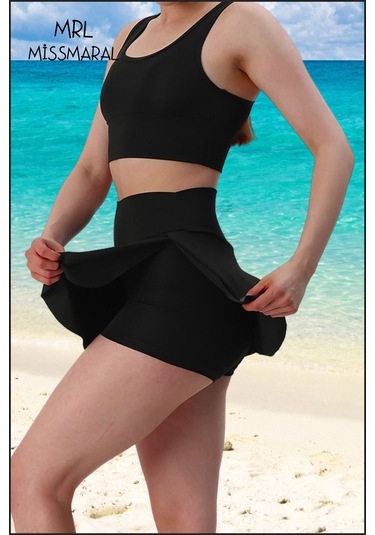 Mini Şort Etek Görünümü Etek Içi Şortlu Cepli Spor Tasarım Tenis Deniz Havuz Fitness Siyah1107 Siyah