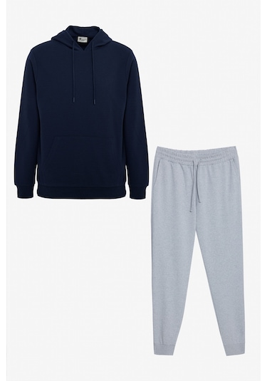 AC&Co / Altınyıldız Classics Erkek Pamuklu Standart Fit Normal Kesim Kapüşonlu Kanguru Cepli Eşofman Takımı Lacivert-Grimelanj Lacivert - G.melanj
