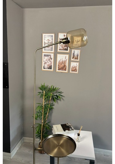 Diona Cam Bal Rengi Eskitme Gövde Düz Tepsili Lambader Modern Oturma Odası Uyumlu Natural