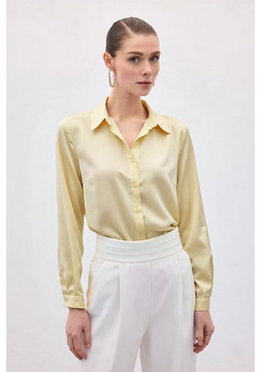 Sateen Düz Klasik Gömlek - Sarı-136999 sarı