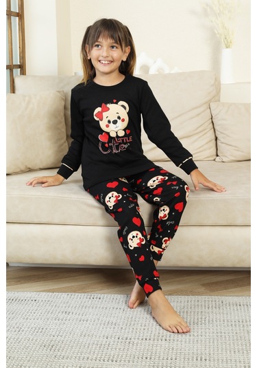 Kız Çocuk Ayıcık Baskılı %100 Pamuk İnterlok Kumaş Pijama Takımı 12347 Siyah
