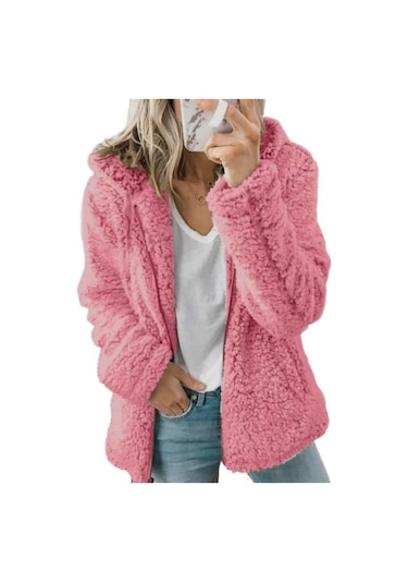 Kadın Mont Yün Kürk Kabarık Kürklü Ceket Polar Ceketler Kapşonlu Uzun Kollu Kış Isıtıcı Peluş Polar Hırka Pembe