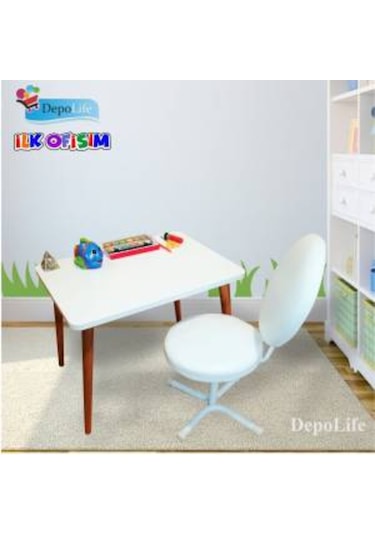 Depolife Ilk Ofisim Çocuk Ders Çalışma Masası Ahşap Konik Ayaklı
