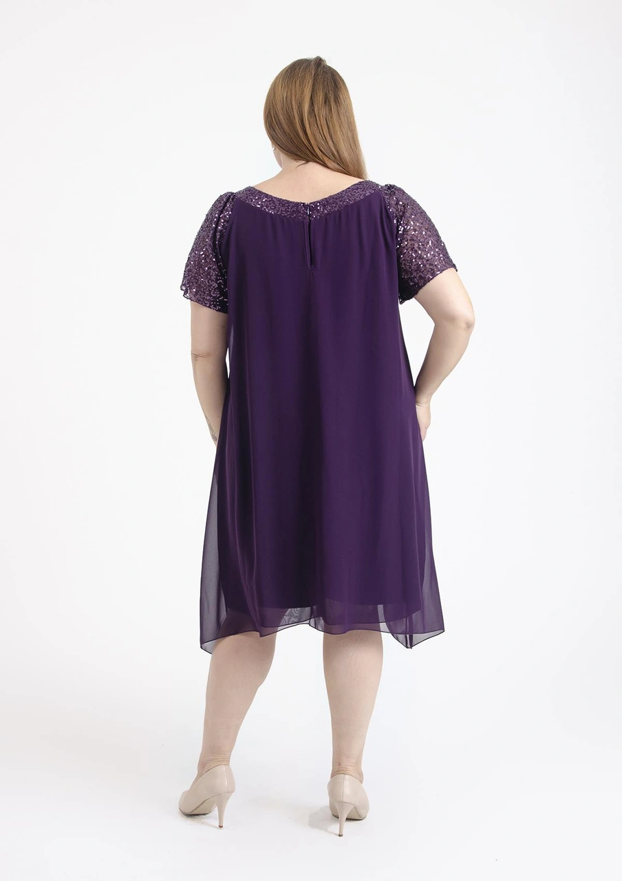 Büyük Beden Mürdüm Renkli V Yakalı Pul Payet Detaylı Şifon Kısa Abiye Elbise Koyu Mürdüm