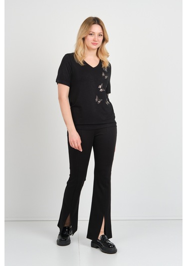 Ella Camelia Kadın Kelebek Şekilli Taş Süslemeli V Yaka Kısa Kollu Bluz 24e047 Siyah Siyah