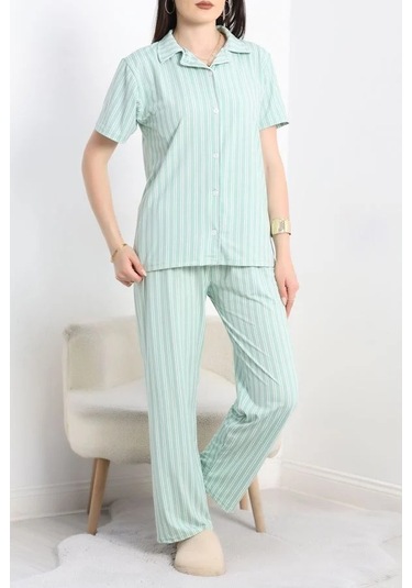 Seka Milan Kumaş Düğmeli Pijama Takımı Yeşilçizgili - 750.1287. Çok Renkli