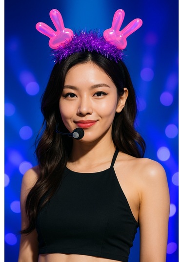 Kpop Korean Style Yılbaşı Yeni Yıl Koyu Pembe Tavşan Kulaklı Mor Işıltılı Sahne Şarkıcı Taç Aksesuar
