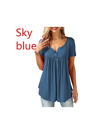 Mavi Bayan O Boyun Düğmesi Gevşek Elastik Bayanlar Kısa Kollu Tunik Gömlek Kadın Rahat Bluzlar Tops Mavi